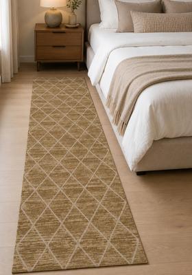 Saffron Rugs Wool Tufted Machine Washable Runner | Water Repellent Non Slip | Warm Tan Moroccan Trellis for Kitchen Bedroom Living Room Hallway