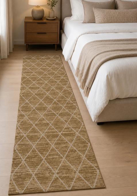 Saffron Rugs Wool Tufted Machine Washable Runner | Water Repellent Non Slip | Warm Tan Moroccan Trellis for Kitchen Bedroom Living Room Hallway
