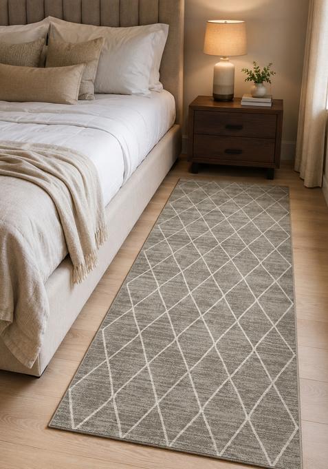 Saffron Rugs Wool Tufted Machine Washable Runner | Water Repellent Non Slip | Grey Moroccan Trellis for Kitchen Bedroom Living Room Hallway