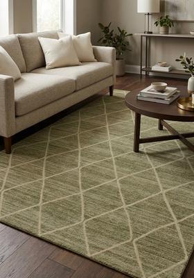 Saffron Rugs Wool Tufted Machine Washable Runner | Water Repellent Non Slip | Sage Green Moroccan Trellis for Kitchen Bedroom Living Room Hallway