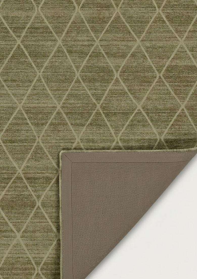 Washable Rugs Wool Blend Area Rug | Sage Green Moroccan Trellis Non Slip Carpet For Kitchen - Indya