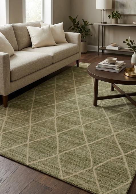 Saffron Rugs Wool Tufted Machine Washable Runner | Water Repellent Non Slip | Sage Green Moroccan Trellis for Kitchen Bedroom Living Room Hallway