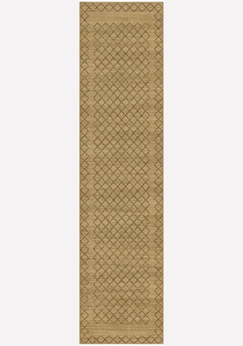 Saffron Rugs Wool Tufted Machine Washable Runner | Water Repellent Non Slip | Golden Tan Beige Transitional Trellis for Kitchen Bedroom Living Room Hallway - Indya
