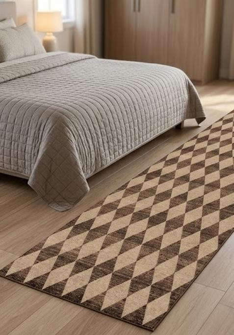 Saffron Rugs Wool Tufted Machine Washable Runner | Water Repellent Non Slip | Brown Beige Transitional Argyle for Kitchen Bedroom Living Room Hallway