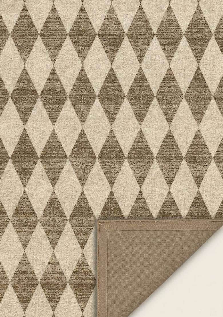 Washable Rugs Wool Blend Area Rug | Beige Brown Transitional Argyle Non Slip Carpet For Kitchen - Indya
