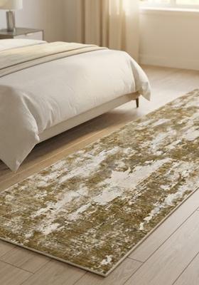 Saffron Rugs Wool Tufted Machine Washable Runner | Water Repellent Non Slip | Olive Gold Contemporary Marble for Kitchen Bedroom Living Room Hallway