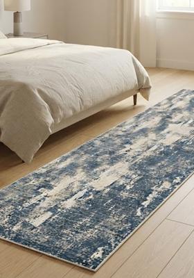 Saffron Rugs Wool Tufted Machine Washable Runner | Water Repellent Non Slip | Blue and Ivory Contemporary Marble for Kitchen Bedroom Living Room Hallway