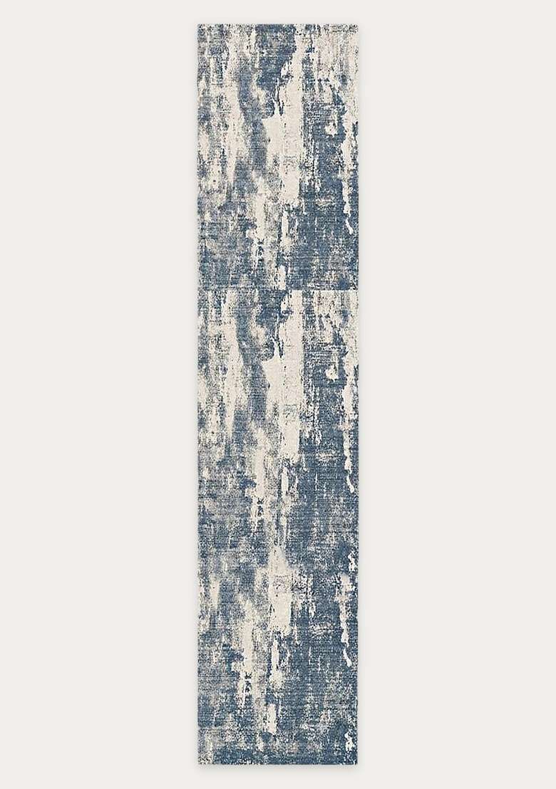Washable Rugs Wool Blend Area Rug | Blue And Ivory Contemporary Marble Non Slip Carpet For Kitchen - Indya