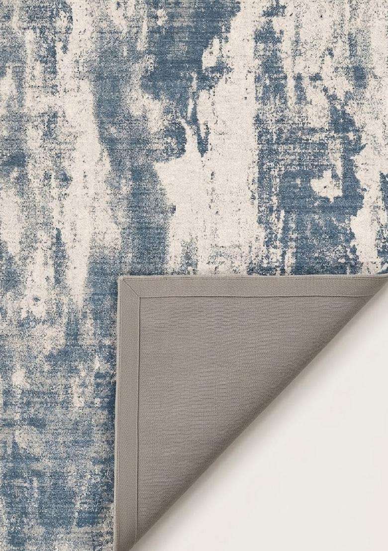 Washable Rugs Wool Blend Area Rug | Blue And Ivory Contemporary Marble Non Slip Carpet For Kitchen - Indya