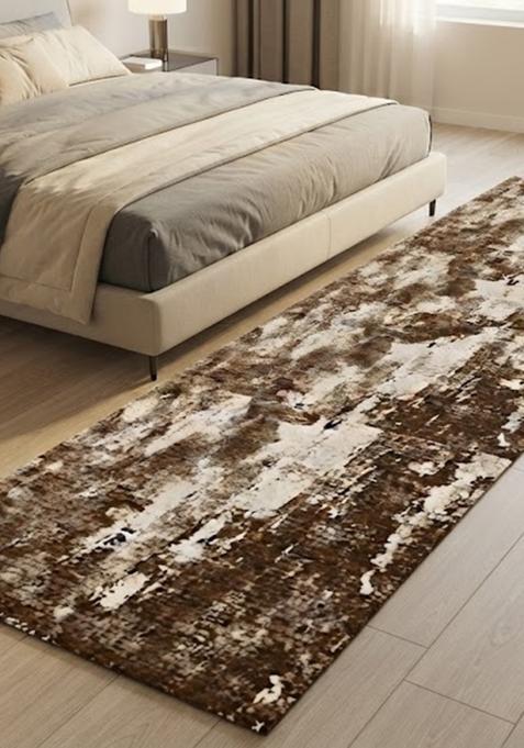 Saffron Rugs Wool Tufted Machine Washable Runner | Water Repellent Non Slip | Brown Cream Contemporary Marble for Kitchen Bedroom Living Room Hallway