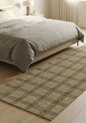 Saffron Rugs Wool Tufted Machine Washable Runner | Water Repellent Non Slip | Olive Beige Transitional Plaid for Kitchen Bedroom Living Room Hallway