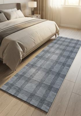 Saffron Rugs Wool Tufted Machine Washable Runner | Water Repellent Non Slip | Blue Grey Transitional Plaid for Kitchen Bedroom Living Room Hallway