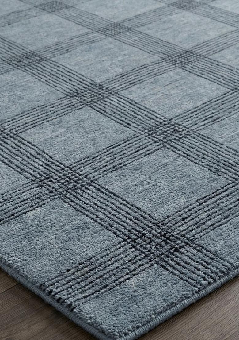 Saffron Rugs Wool Tufted Machine Washable Runner | Water Repellent Non Slip | Blue Grey Transitional Plaid for Kitchen Bedroom Living Room Hallway - Indya