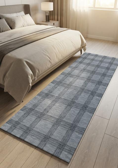 Saffron Rugs Wool Tufted Machine Washable Runner | Water Repellent Non Slip | Blue Grey Transitional Plaid for Kitchen Bedroom Living Room Hallway