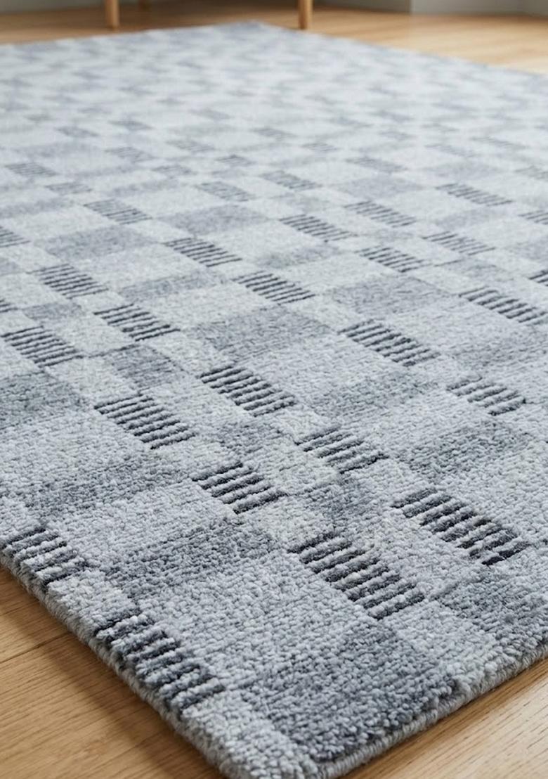 Saffron Rugs Wool Tufted Machine Washable Runner | Water Repellent Non Slip | Light Grey Contemporary Geometric for Kitchen Bedroom Living Room Hallway - Indya