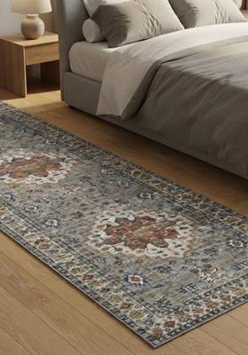 Saffron Rugs Wool Tufted Machine Washable Runner | Water Repellent Non Slip | Blue Grey Oriental Geometric for Kitchen Bedroom Living Room Hallway