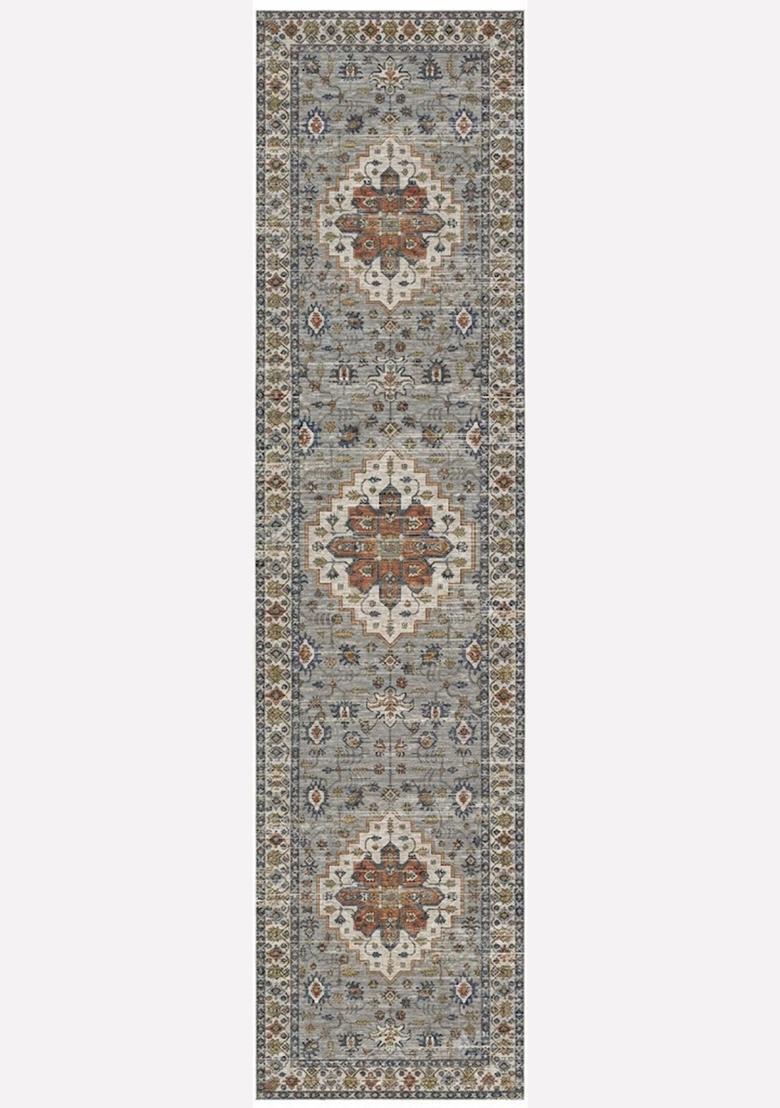 Saffron Rugs Wool Tufted Machine Washable Runner | Water Repellent Non Slip | Blue Grey Oriental Geometric for Kitchen Bedroom Living Room Hallway - Indya