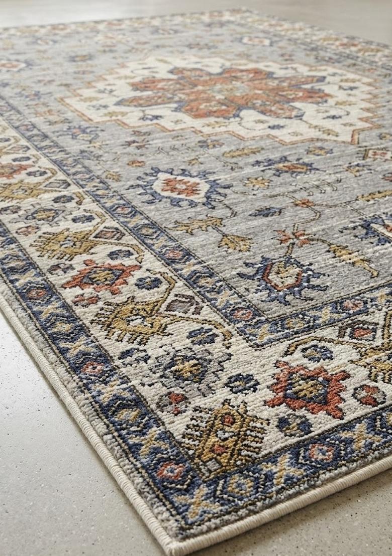 Saffron Rugs Wool Tufted Machine Washable Runner | Water Repellent Non Slip | Blue Grey Oriental Geometric for Kitchen Bedroom Living Room Hallway - Indya