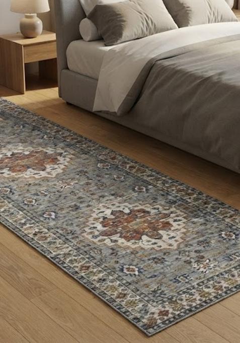 Saffron Rugs Wool Tufted Machine Washable Runner | Water Repellent Non Slip | Blue Grey Oriental Geometric for Kitchen Bedroom Living Room Hallway