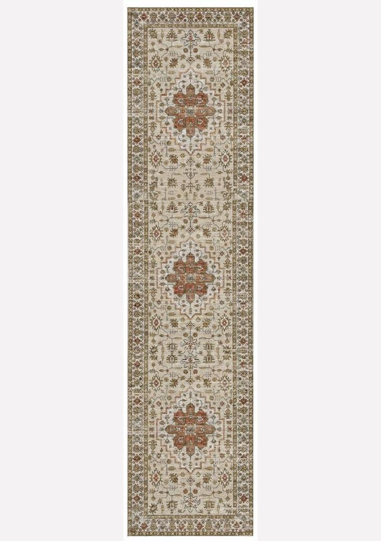 Saffron Rugs Wool Tufted Machine Washable Runner | Water Repellent Non Slip | Beige Oriental Geometric for Kitchen Bedroom Living Room Hallway - Indya