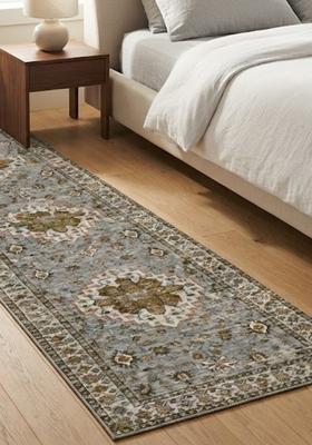Saffron Rugs Wool Tufted Machine Washable Runner | Water Repellent Non Slip | Slate Blue Oriental Geometric for Kitchen Bedroom Living Room Hallway