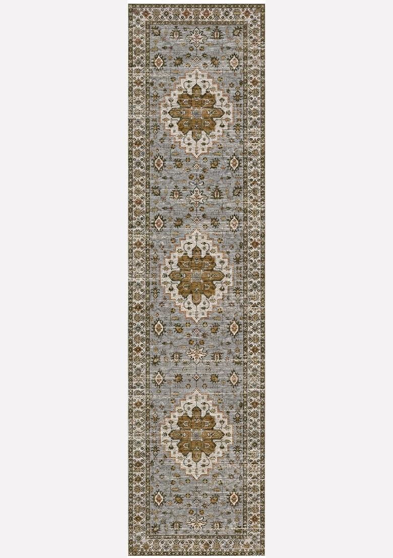 Saffron Rugs Wool Tufted Machine Washable Runner | Water Repellent Non Slip | Slate Blue Oriental Geometric for Kitchen Bedroom Living Room Hallway - Indya