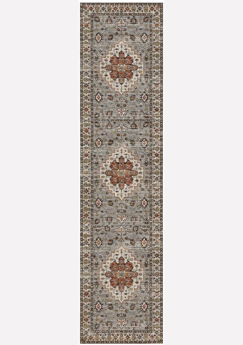 Saffron Rugs Wool Tufted Machine Washable Runner | Water Repellent Non Slip | Grey Oriental Geometric for Kitchen Bedroom Living Room Hallway - Indya