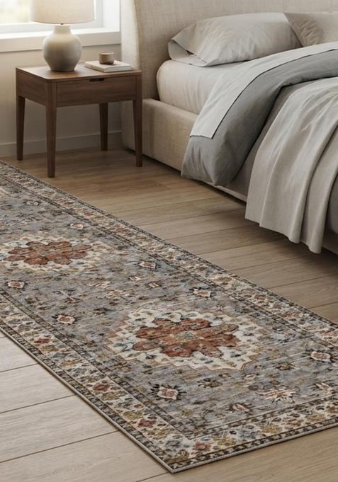 Saffron Rugs Wool Tufted Machine Washable Runner | Water Repellent Non Slip | Grey Oriental Geometric for Kitchen Bedroom Living Room Hallway