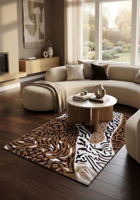 Saffron Rugs Hand-Tufted 80% Wool Rectangular Rug | Brown Black White | Cotton Backing | Glam Animal Print