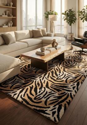 Saffron Rugs Hand-Tufted 80% Wool Rectangular Rug | Brown Tan Black | Cotton Backing | Contemporary Animal Print
