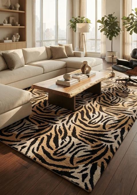 Saffron Rugs Hand-Tufted 80% Wool Rectangular Rug | Brown Tan Black | Cotton Backing | Contemporary Animal Print