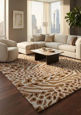 Saffron Rugs Hand-Tufted 80% Wool Rectangular Rug | Beige Gold | Cotton Backing | Contemporary Animal Print