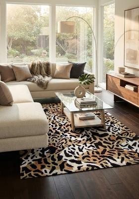 Saffron Rugs Hand-Tufted 80% Wool Rectangular Rug | Beige Black Brown | Cotton Backing | Glam Animal Print