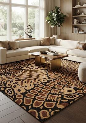 Saffron Rugs Hand-Tufted 80% Wool Rectangular Rug | Brown Gold Black | Cotton Backing | Eclectic Animal Print