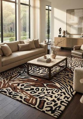 Saffron Rugs Hand-Tufted 80% Wool Rectangular Rug | Cream Beige | Cotton Backing | Eclectic Animal Print