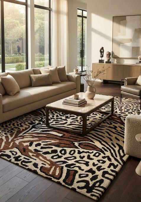 Saffron Rugs Hand-Tufted 80% Wool Rectangular Rug | Cream Beige | Cotton Backing | Eclectic Animal Print