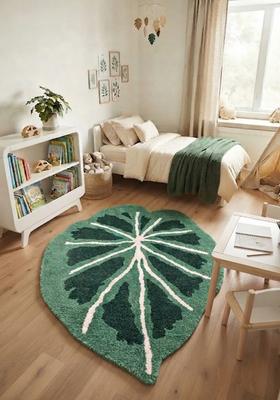 Saffron Rugs Hand-Tufted 80% Wool Leaf Rug | Dark Green | Cotton Backing | Bohemian Leaf