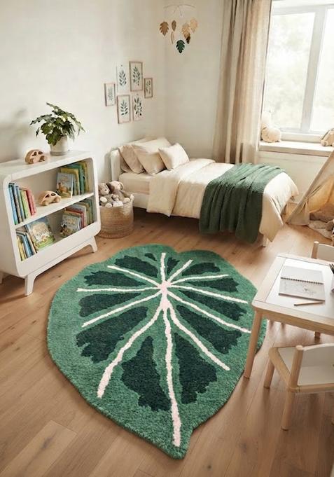 Saffron Rugs Hand-Tufted 80% Wool Leaf Rug | Dark Green | Cotton Backing | Bohemian Leaf