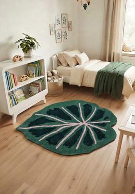 Saffron Rugs Hand-Tufted 80% Wool Leaf Rug | Dark Green | Cotton Backing | Tropical Leaf
