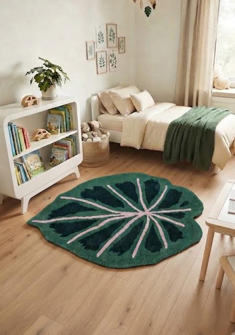 Saffron Rugs Hand-Tufted 80% Wool Leaf Rug | Dark Green | Cotton Backing | Tropical Leaf