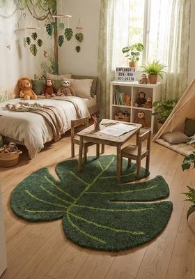 Saffron Rugs Hand-Tufted 80% Wool Leaf Rug | Dark Green | Cotton Backing | Tropical Leaf