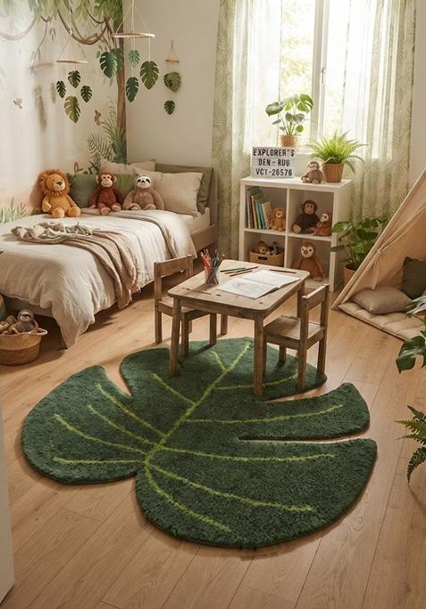 Saffron Rugs Hand-Tufted 80% Wool Leaf Rug | Dark Green | Cotton Backing | Tropical Leaf