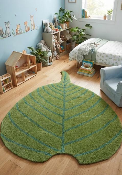 Saffron Rugs Hand-Tufted 80% Wool Leaf Rug | Green | Cotton Backing | Tropical Leaf