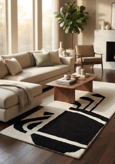 Saffron Rugs Hand-Tufted 80% Wool Rectangular Rug | Black and Cream | Cotton Backing | Casual Geometric