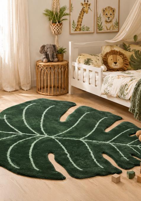 Saffron Rugs Hand-Tufted 80% Wool Leaf Rug | Dark Green | Cotton Backing | Tropical Leaf