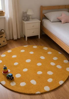 Saffron Rugs Hand-Tufted 80% Wool Round Rug | Mustard Yellow | Cotton Backing | Contemporary Polka Dots