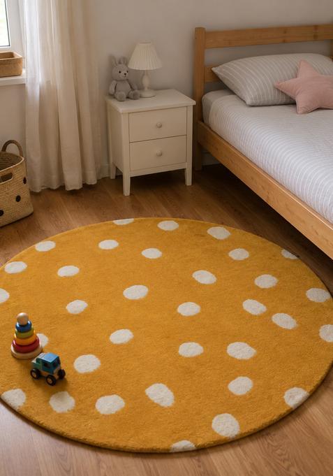 Saffron Rugs Hand-Tufted 80% Wool Round Rug | Mustard Yellow | Cotton Backing | Contemporary Polka Dots