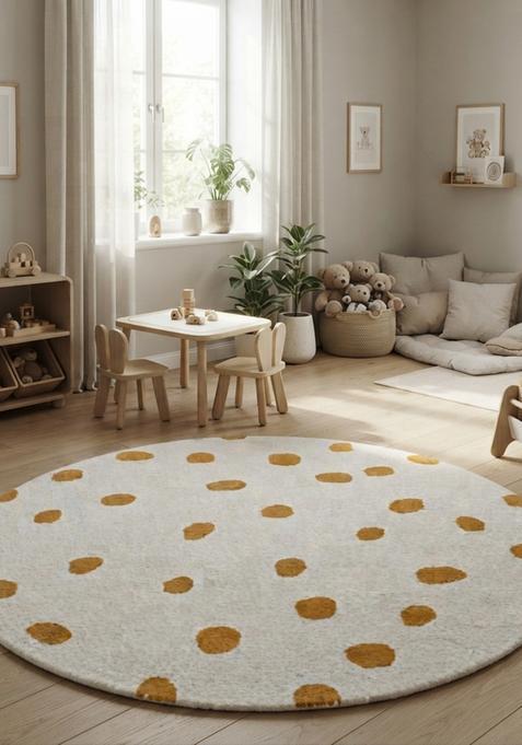 Saffron Rugs Hand-Tufted 80% Wool Square Rug | Grey and Yellow | Cotton Backing | Contemporary Polka Dots