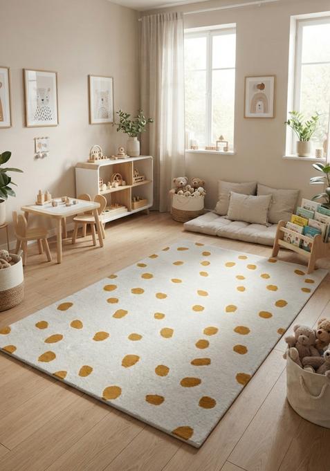 Saffron Rugs Hand-Tufted 80% Wool Rectangular Rug | Yellow Gold Dots | Cotton Backing | Contemporary Polka Dots