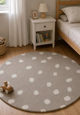Saffron Rugs Hand-Tufted 80% Wool Round Rug | Ivory Taupe | Cotton Backing | Casual Polka Dots